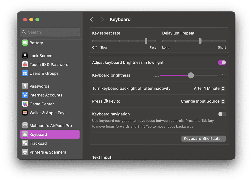Keyboard settings on Mac